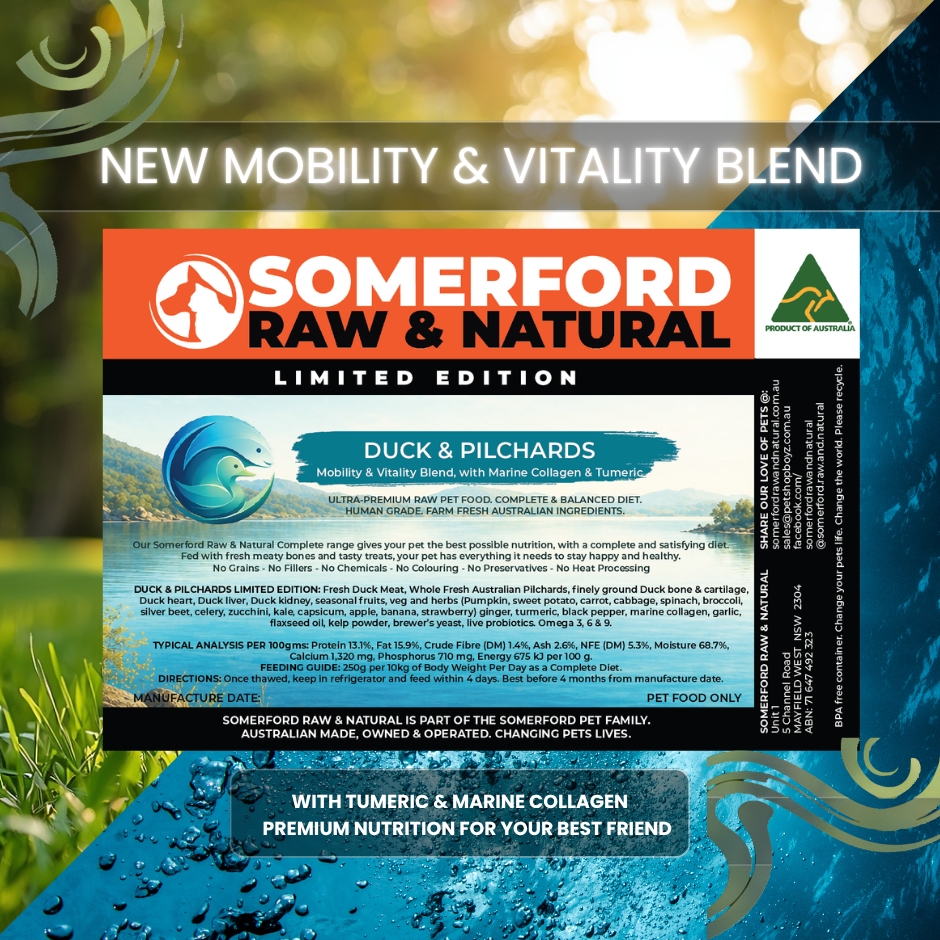 Somerford Raw & Natural - LIMITED EDITION MOBILITY & VITALITY BLEND Duck & Pilchards with Turmeric & Marine Collagen Dog Food Pack + FREE Meaty Bones.