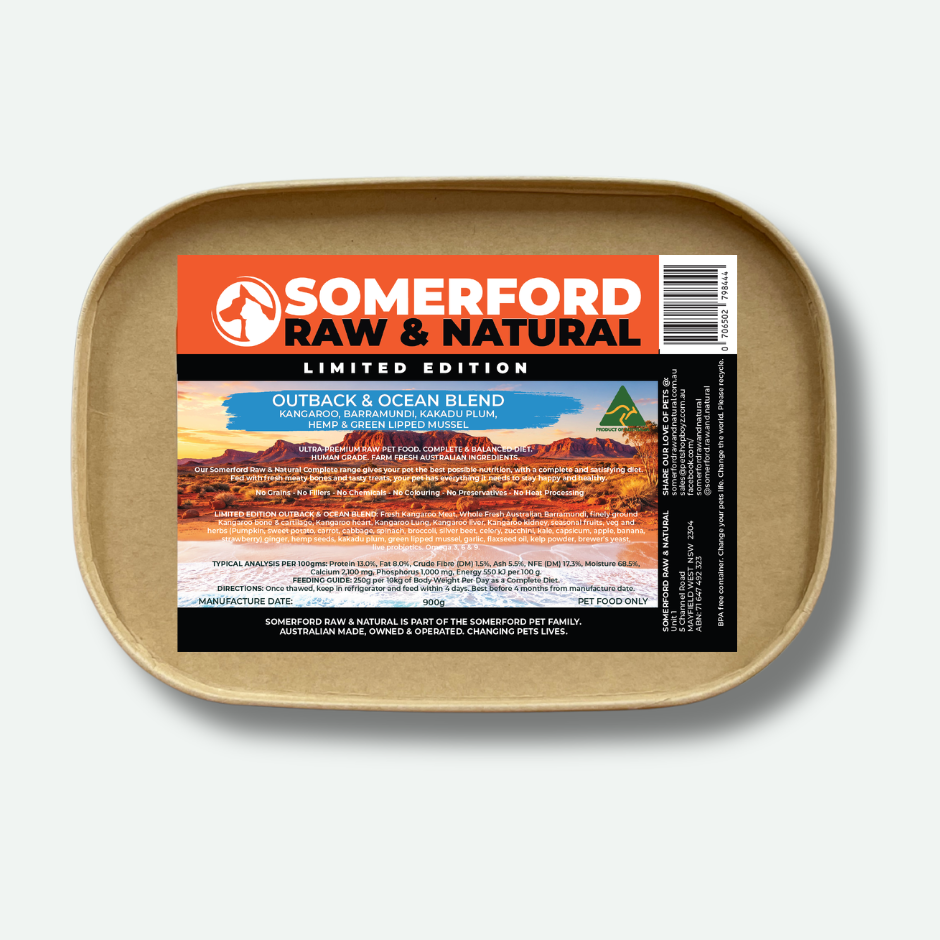 Somerford Raw & Natural - LIMITED EDITION OUTBACK & OCEAN Kangaroo & Barramundi with Kakadu Plum, Hemp & Green Lipped Mussel Dog Food Pack + FREE Meaty Bones.